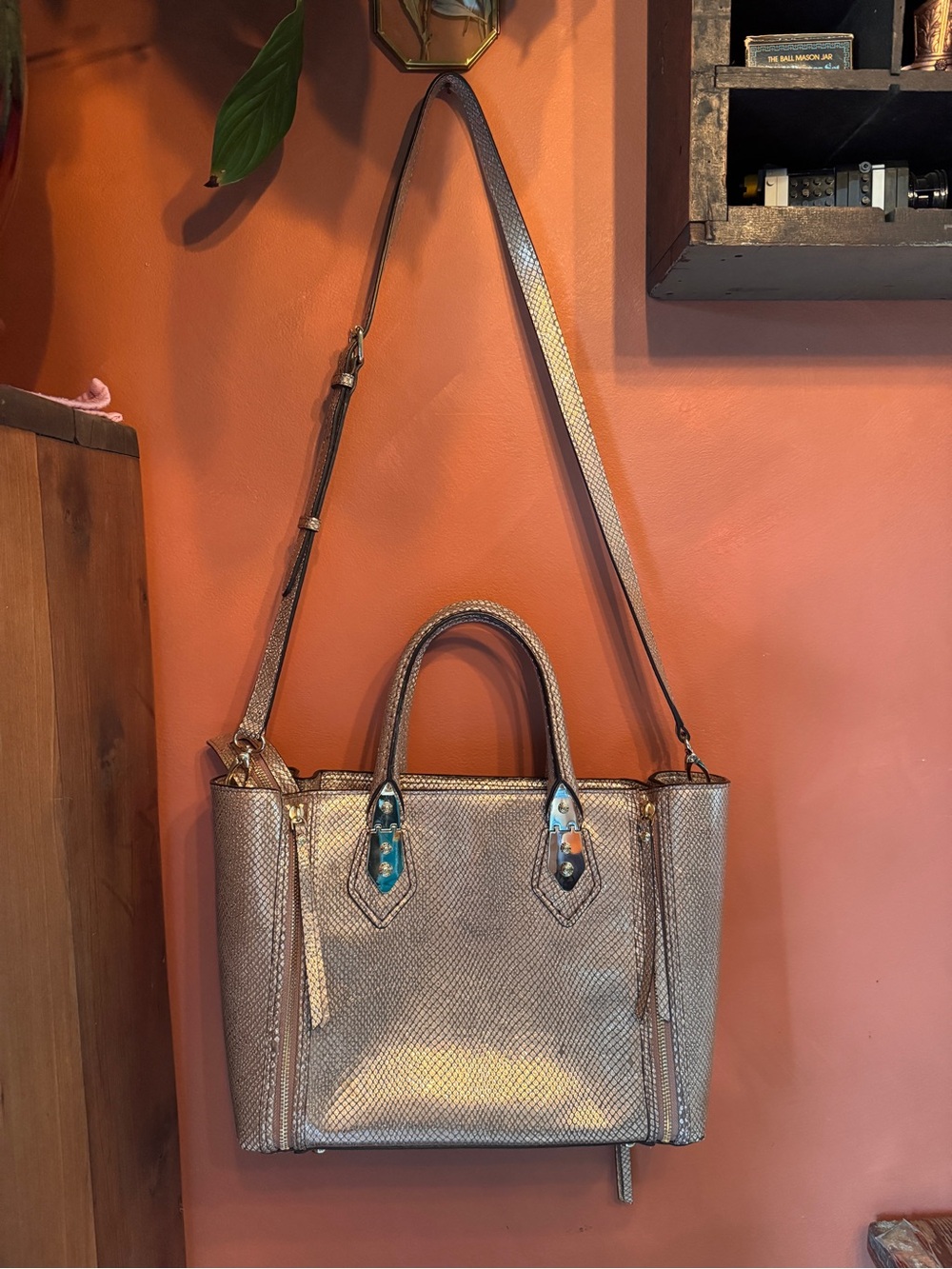 henri bendel Metallic Bronze Textured Satchel with Gold Hardware - Picture 10 of 10